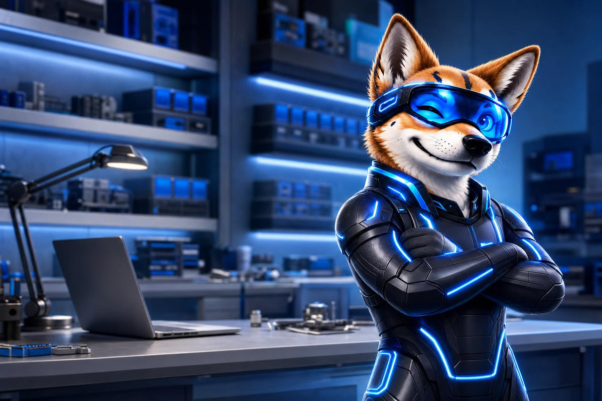 NoviTech dingo mascot in the workshop
