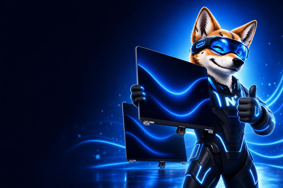 NoviTech dingo mascot with the N logo holding a new MacBook screen